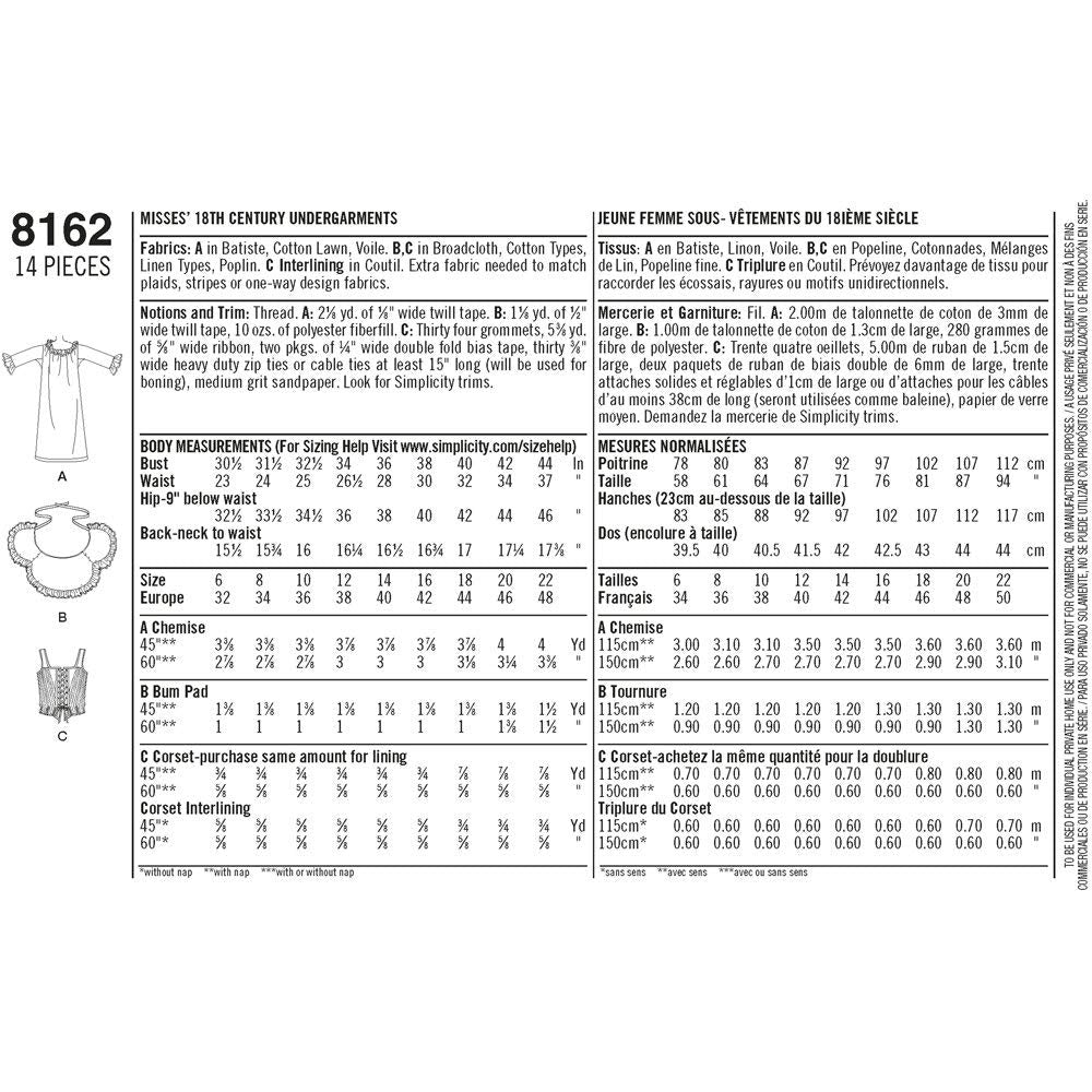 Simplicity 8162 18th Century Underpinnings Sewing Pattern